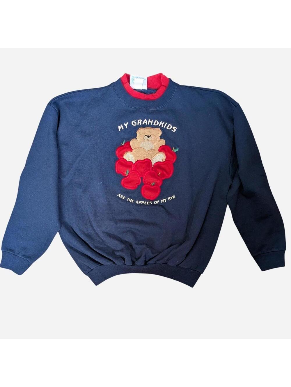 1990s Grandmacore Navy Appliqué Teddy Bear Sweatshirt Vintage Small Medium